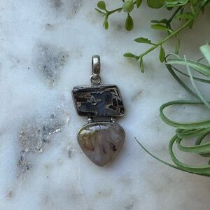 Stick Agate Geometric Sterling Silver Plated Pendant Brown Black Cream